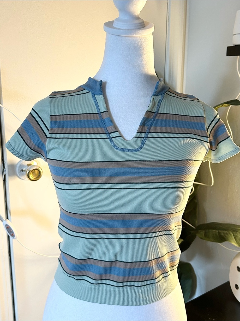 Urbane outfitters Striped V-Neck Ribbed Top in Sage and Blue